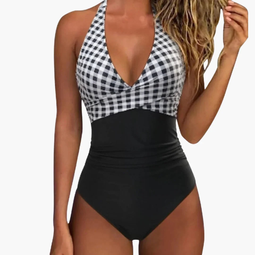 Checked Summer Swimsuit - Women's One-Piece with V-Neck