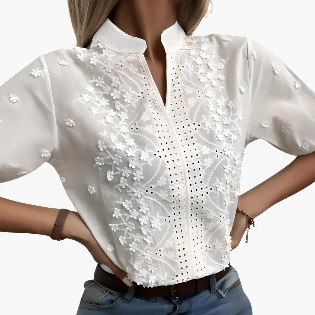 Bavane | Women's Blouse with Short Sleeves and Embroidered Front