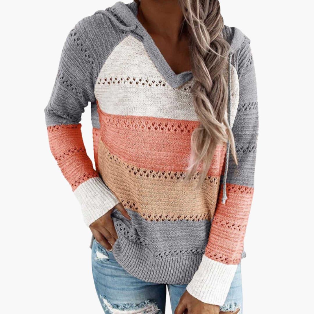 Women's Hooded Sweater with V-Neck and Striped Surface