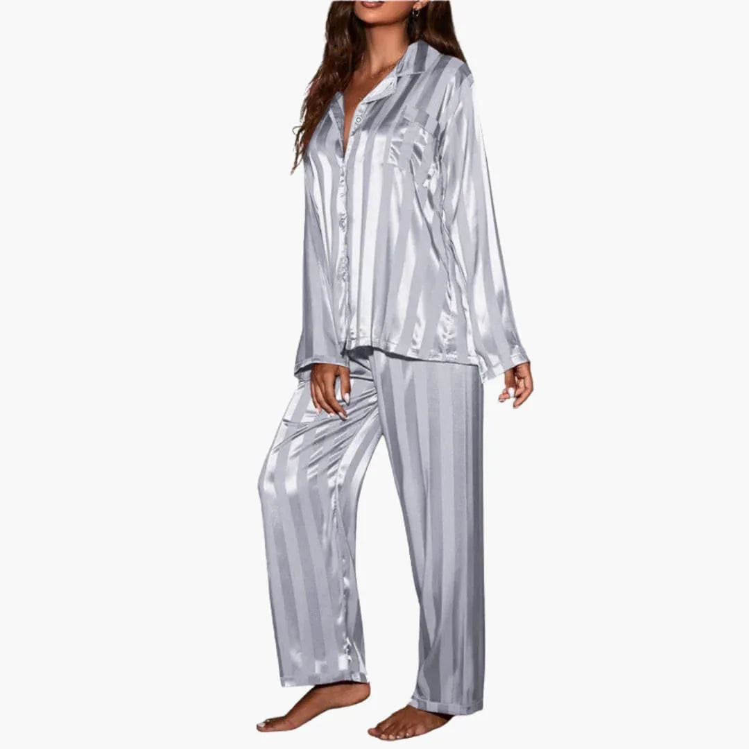 Women's Satin Pajama Set with Button Top and Striped Design