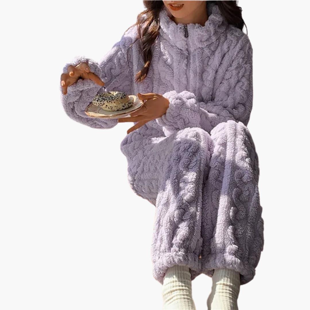 Women's Fleece Pajama Set with Zipper Top and Long Pants