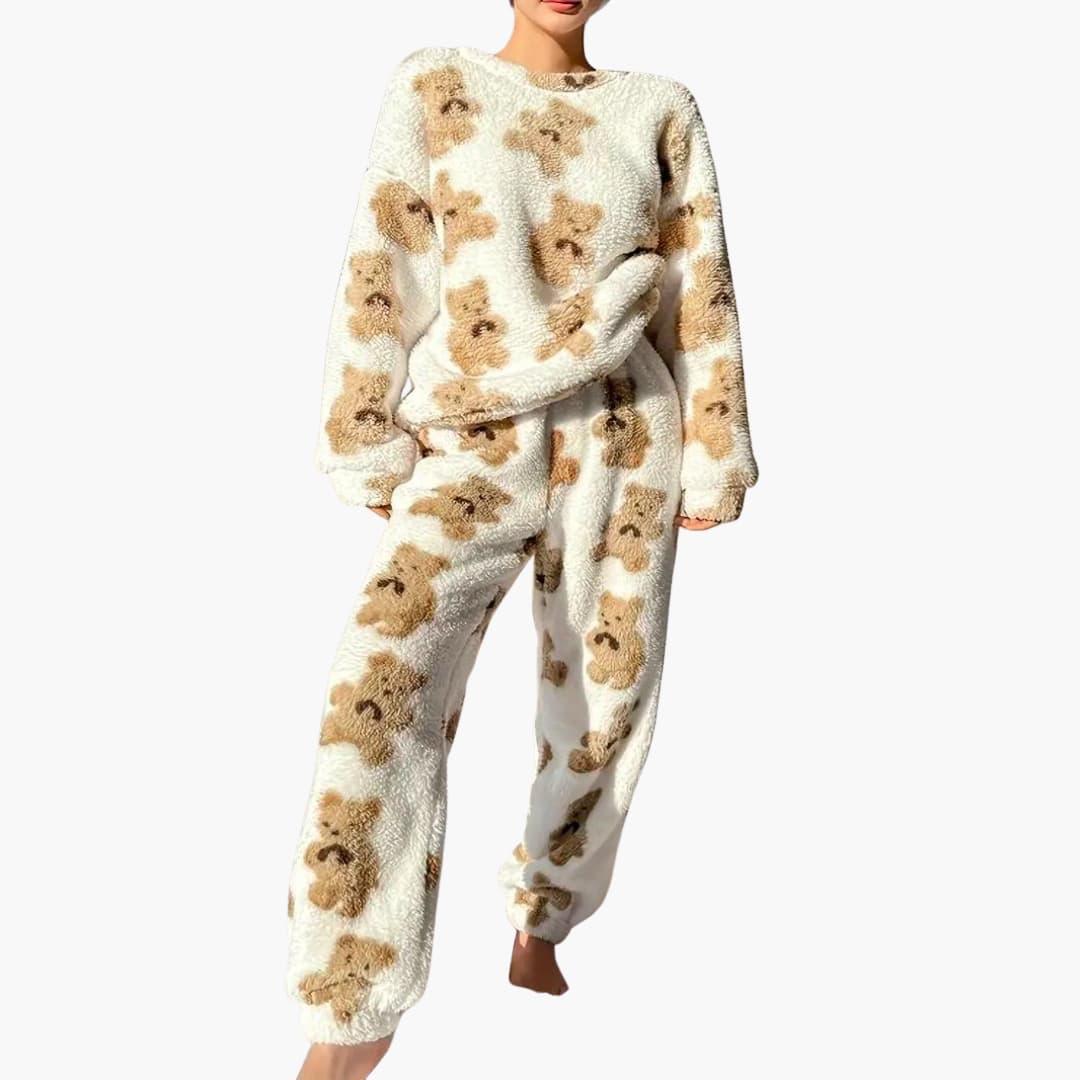 Bavane | Women's Fleece Pajama Set with Bear Print and Elastic Waistband