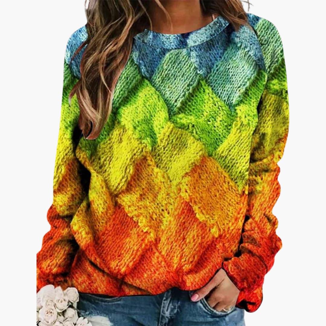Women's Sweater with Colorful Patchwork and Round Neckline