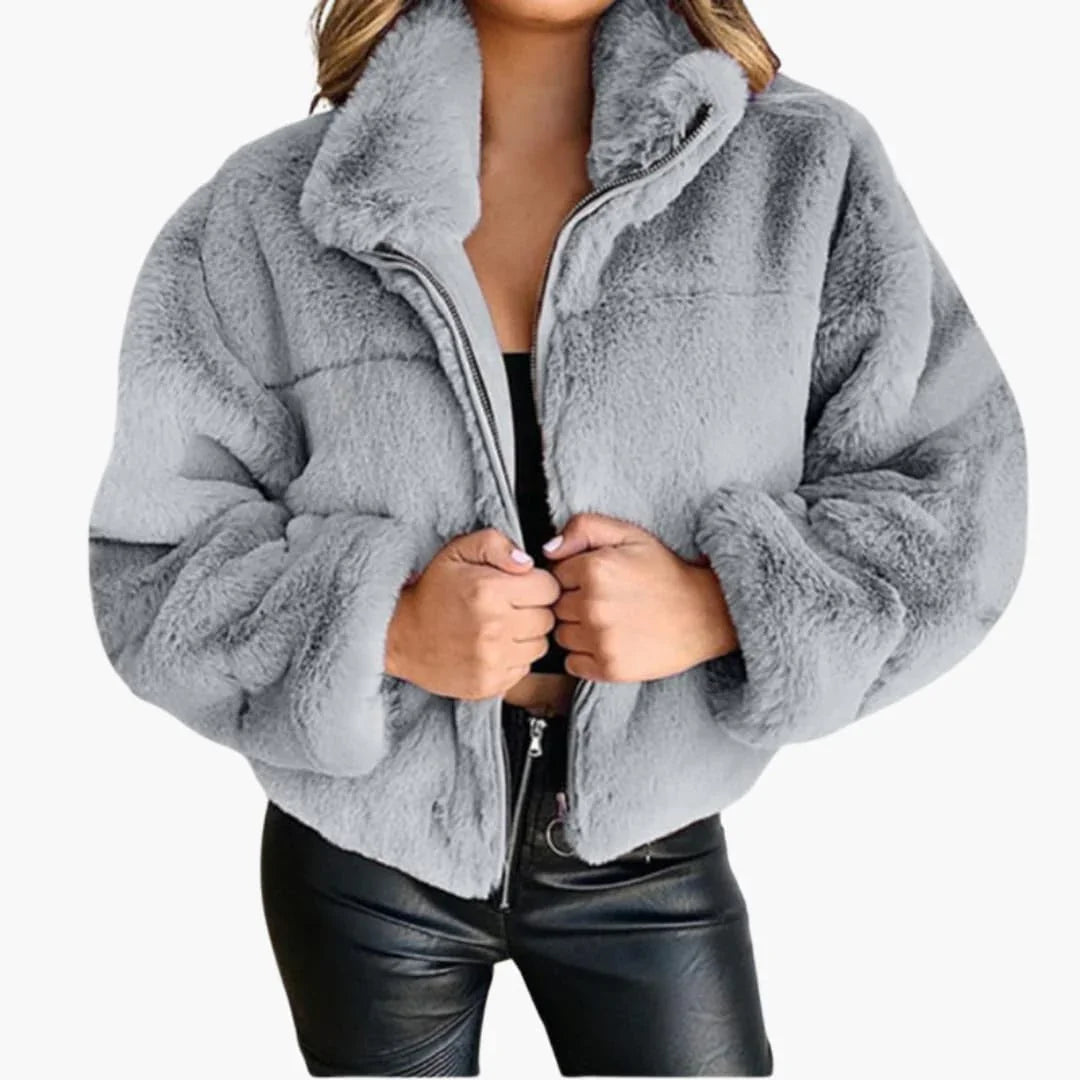 Women's Faux Fur Jacket with Zipper and Stand-Up Collar