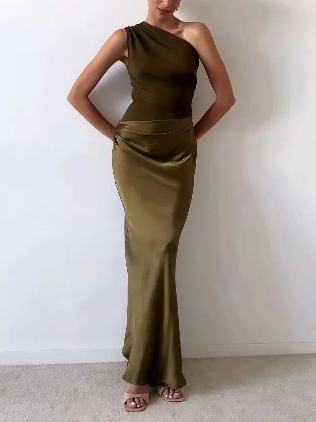 Women's Wedding Guest Maxi Dress | Asymmetric Pleated