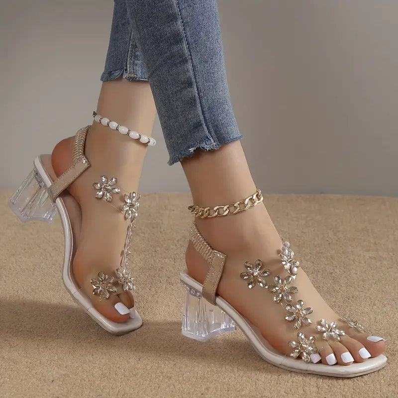 Bavane | Women's Block Heel Sandals with Rhinestone Flowers and Cushioned Insole