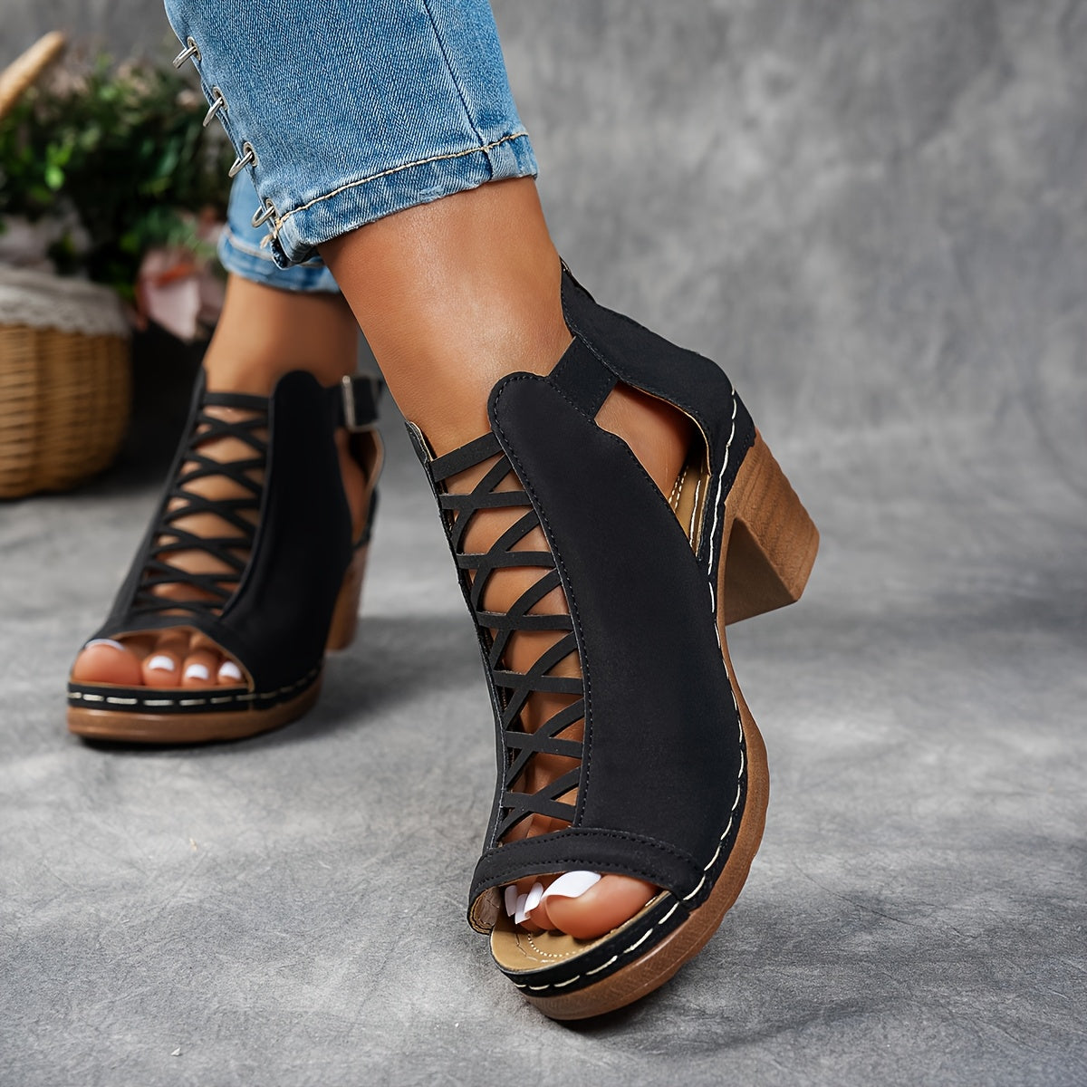 Women's Sandals with Lattice Heel and Adjustable Straps