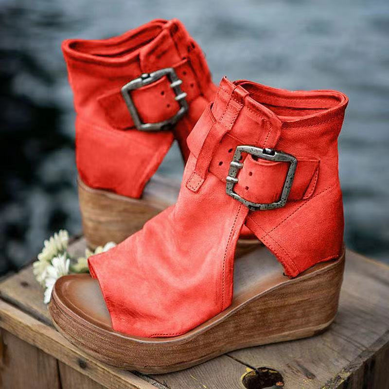 Womens Orthopedic Sandals with Wedge Sole and Buckle Closure