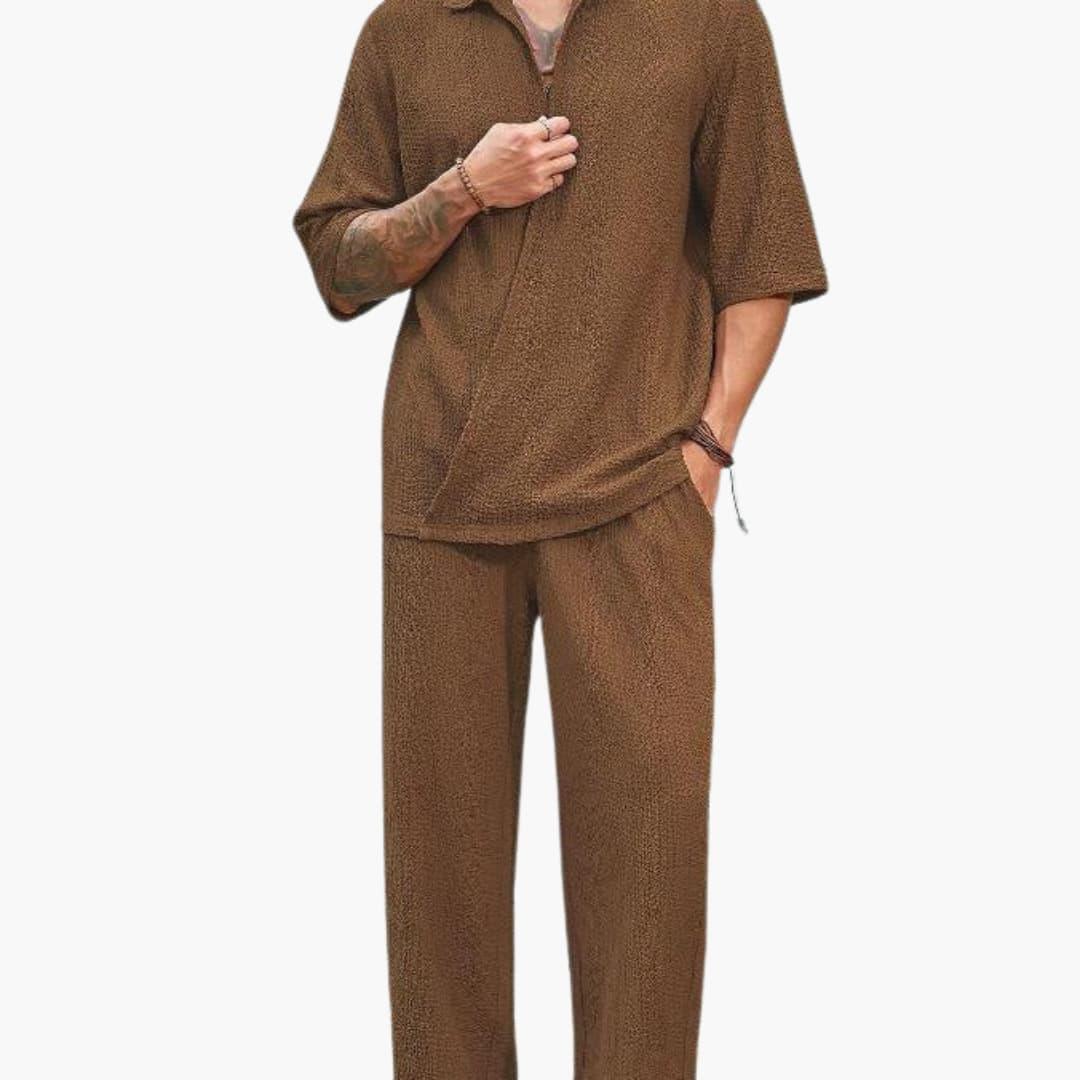 Men's Summer Set with Short Sleeve Shirt and Elastic Pants
