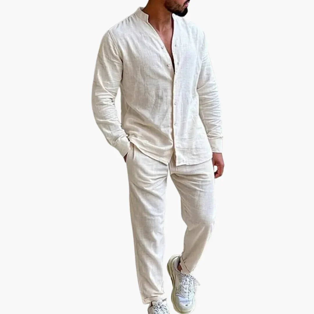 Men's Two-Piece Linen Set with Long Sleeve Shirt and Pants