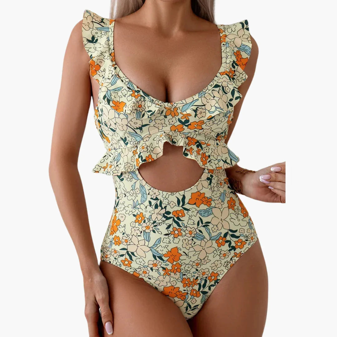 Women's Swimsuit - Floral One-Piece with Ruffles & Cut-Out