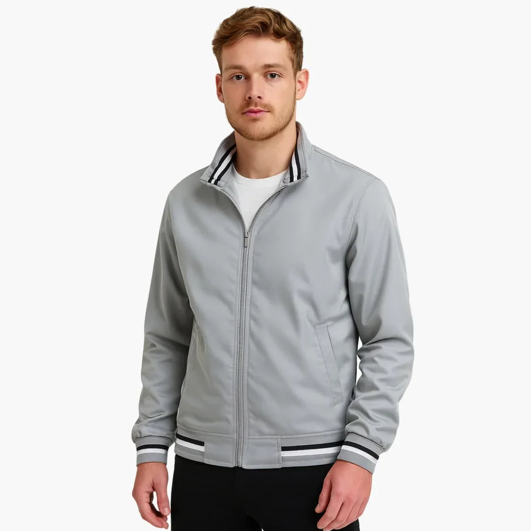 Men's Bomber Jacket with Zipper and Striped Hem