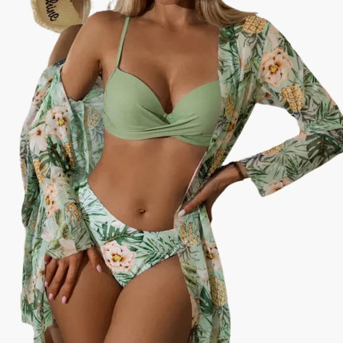 3-Piece Women's Bikini Set - with Kimono and High-Waist Bottom