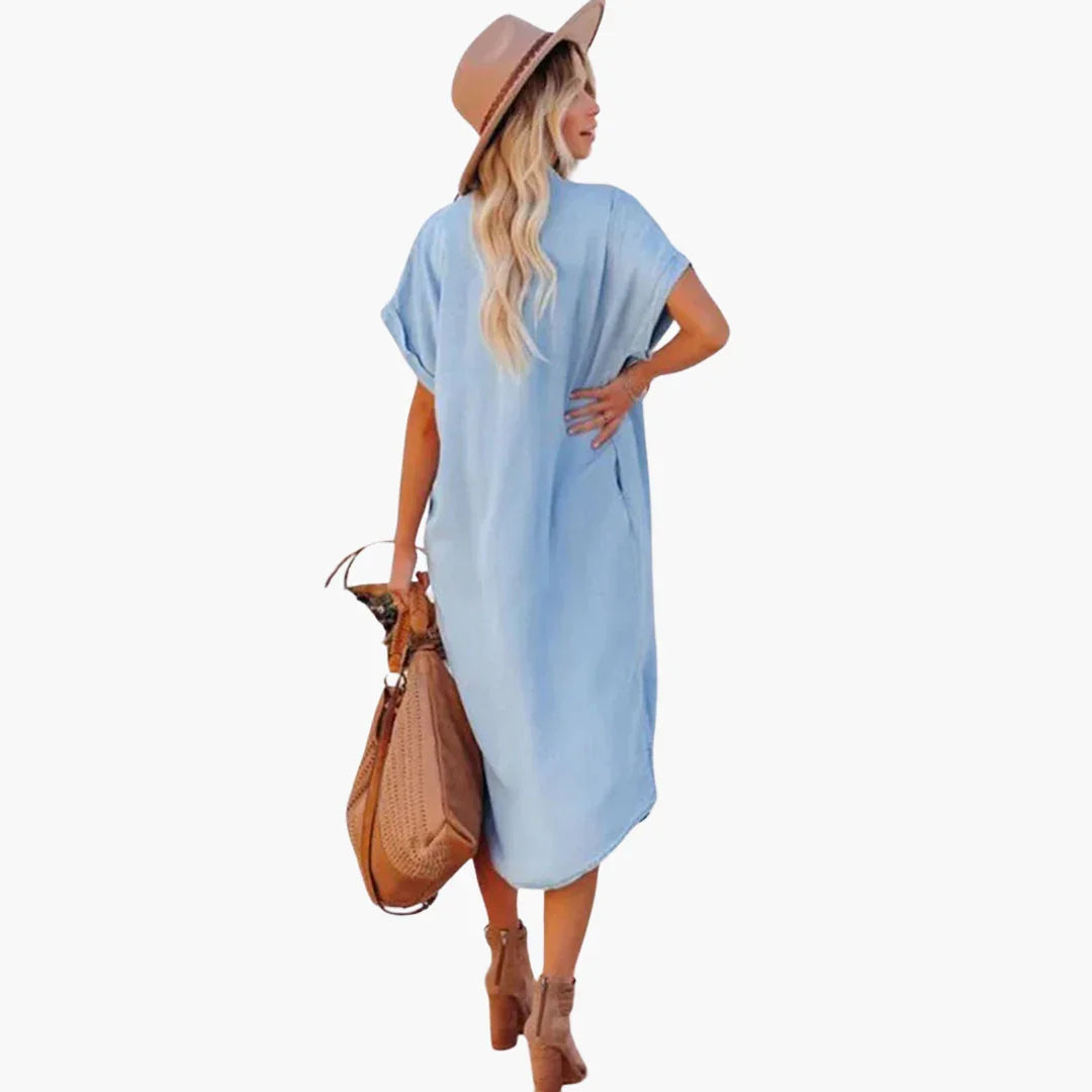 Denim Shirt Dress for Women  Casual, Button Placket, Short Sleeve