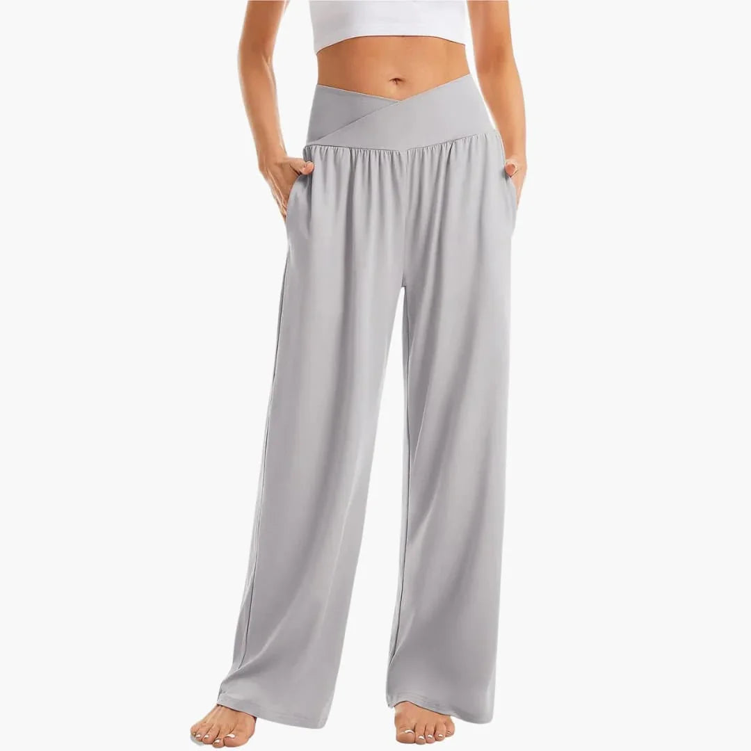 Women's Wide-Leg Pants with Crossed Waistband and Side Pockets