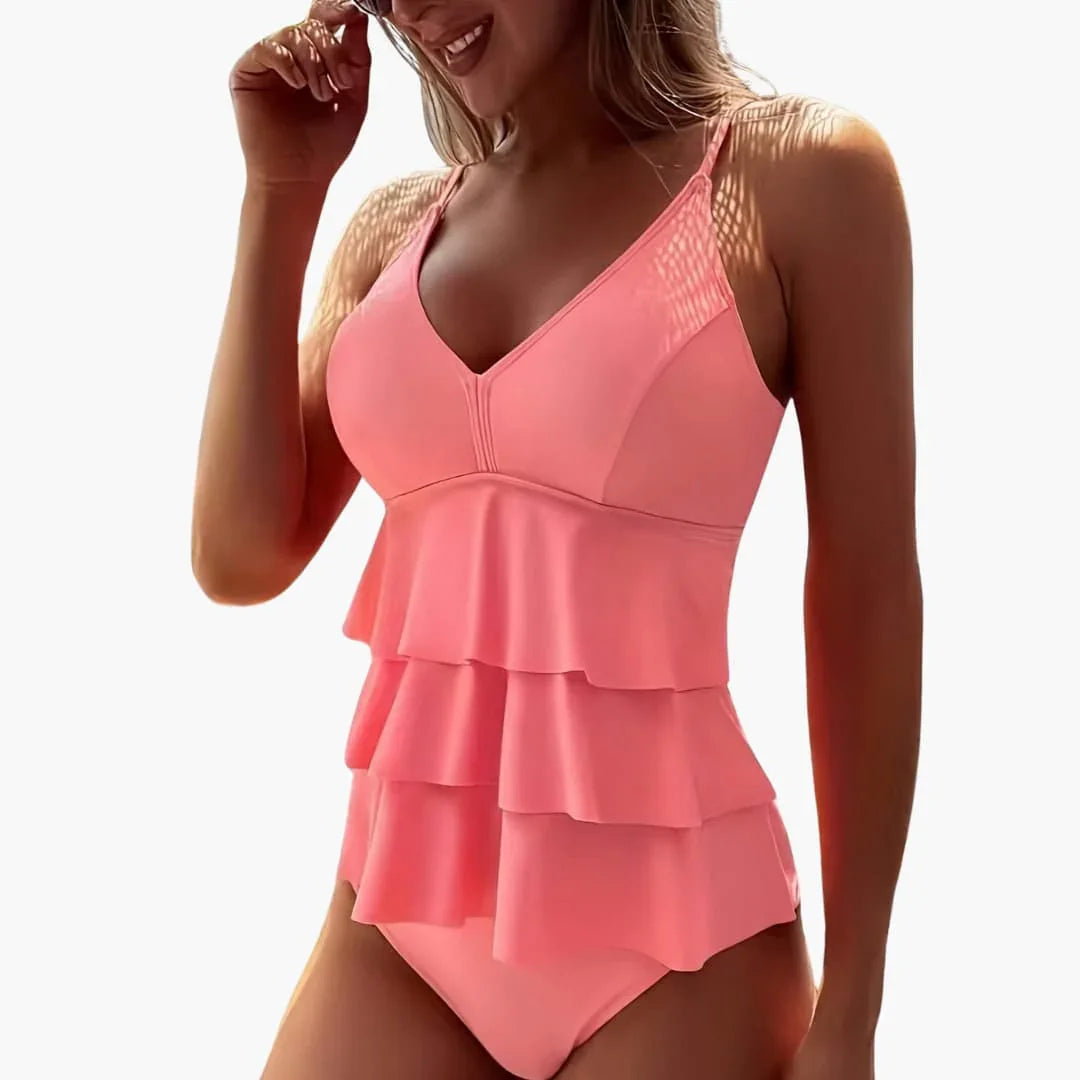 One-Piece Women's Swimsuit with V-Neck and Layered Ruffles.