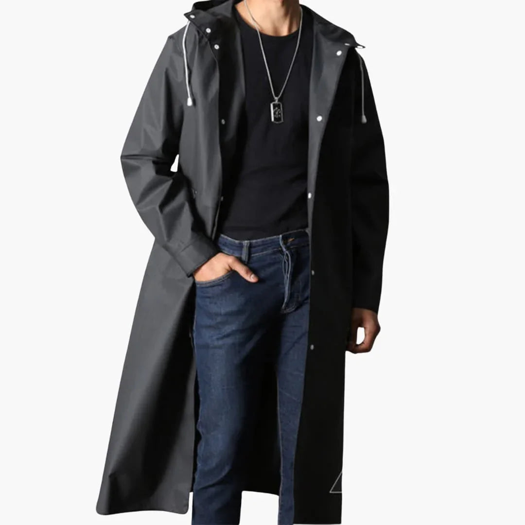 Men's Raincoat with Hood and Full Button Closure