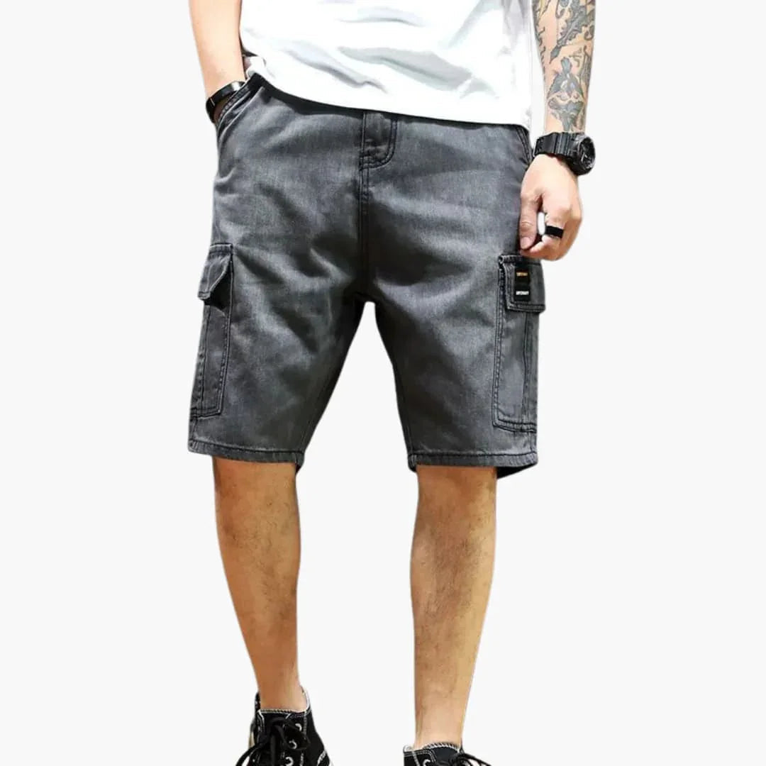 Mens denim cargo shorts with pockets and vintage wash