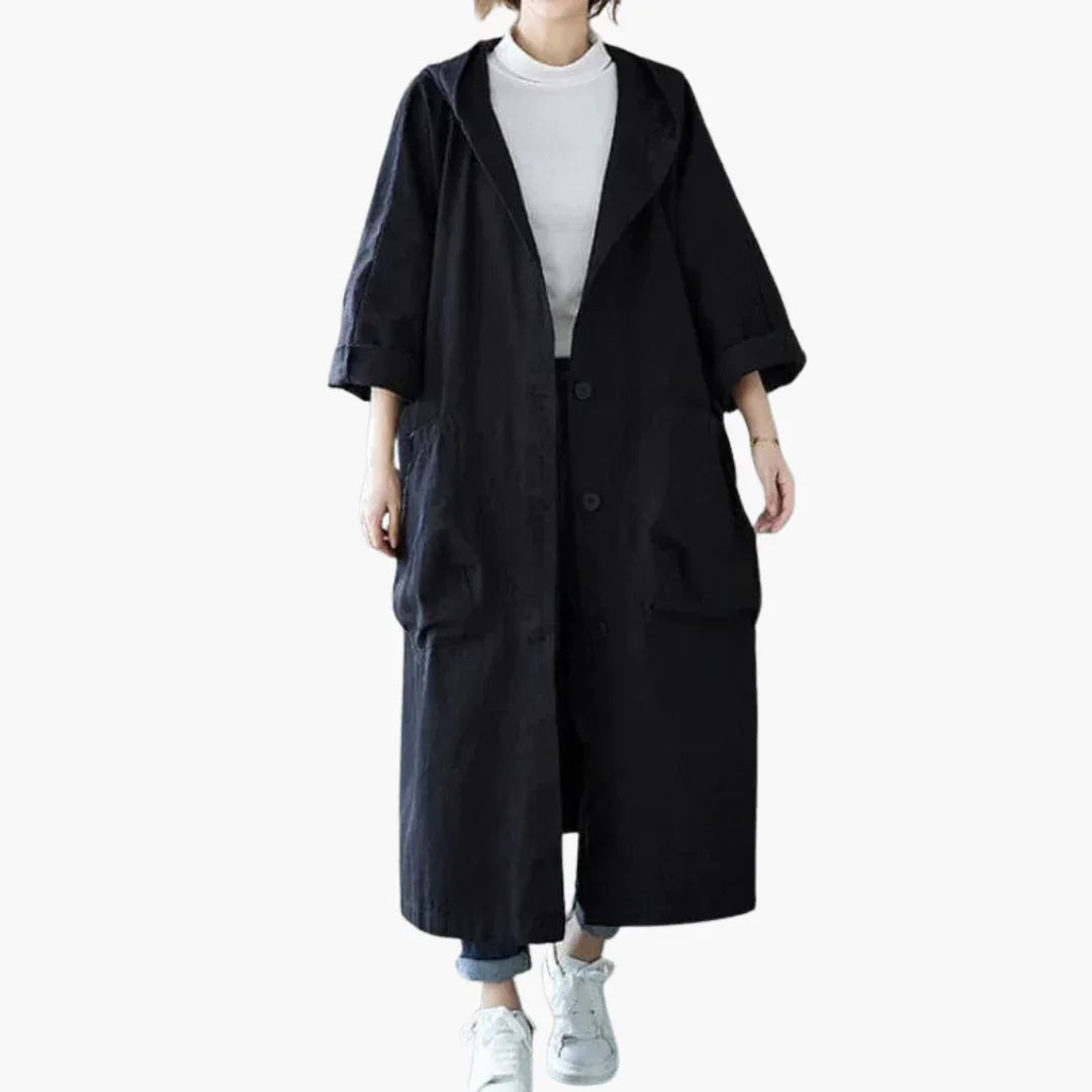 Women's Oversized Trench Coat with Hood and Large Pockets