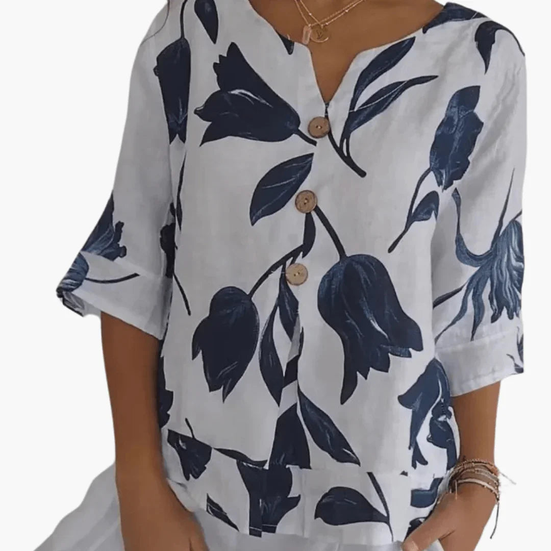 Women's Blouse with Floral Pattern  Summer V-Neck Top