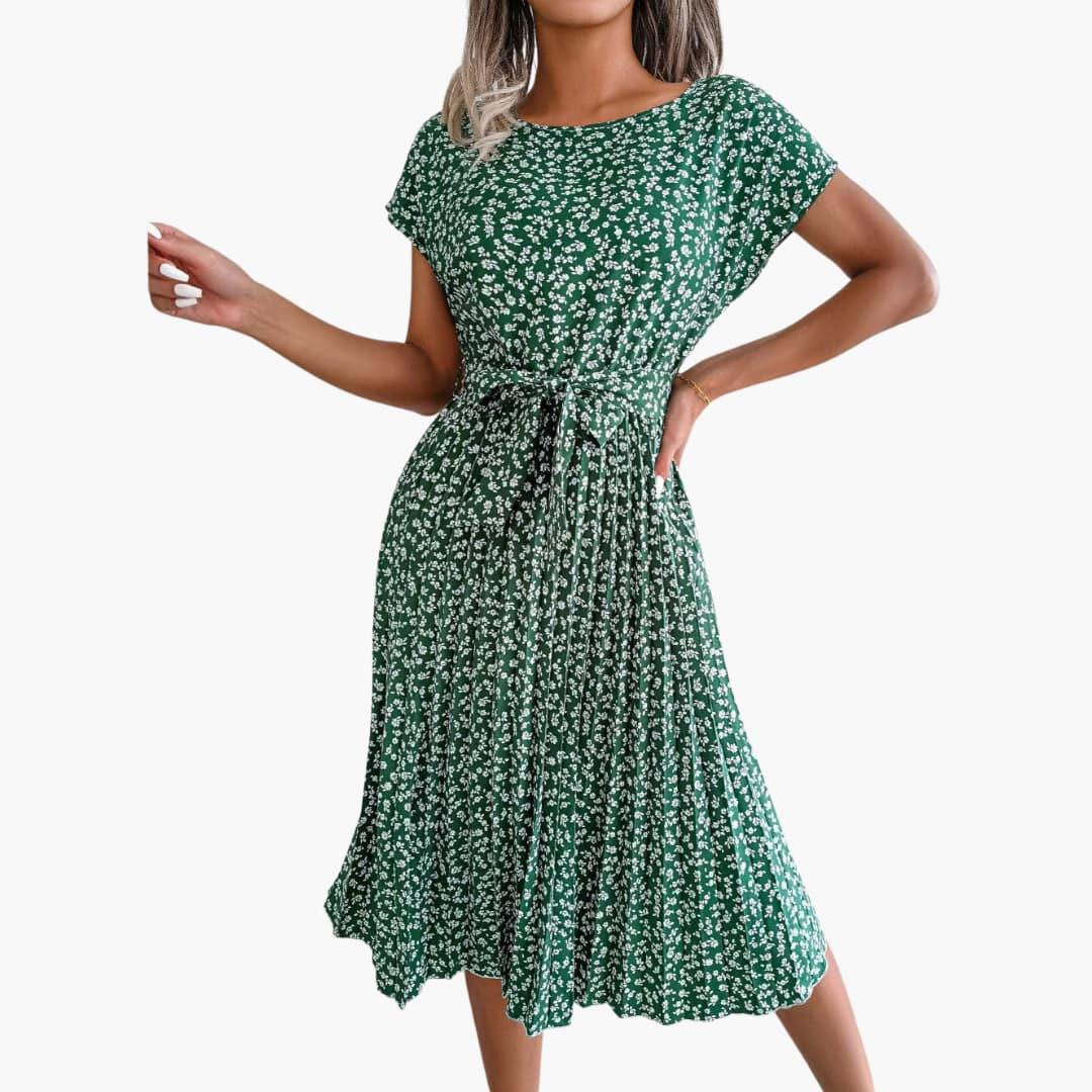Summer Dress for Women - Floral Dress with Belt and Short Sleeves