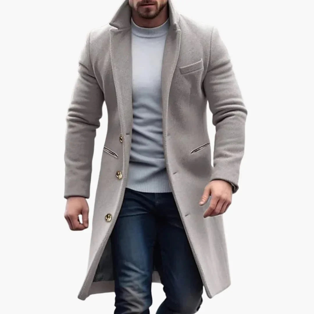 Men's Long Coat with Notched Lapel and Button Closure
