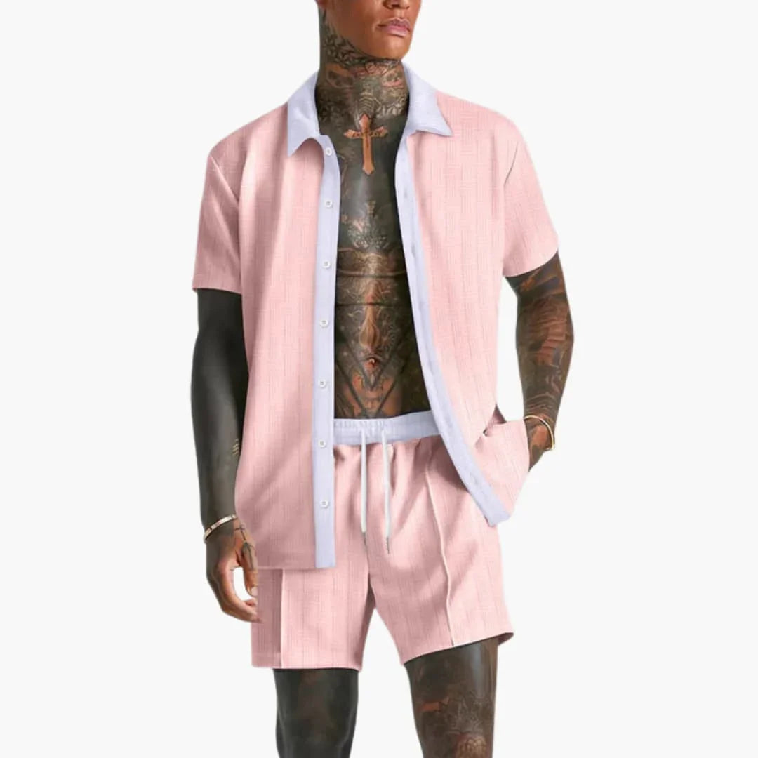 Men's Summer Set with Short Sleeve Shirt and Drawstring Shorts