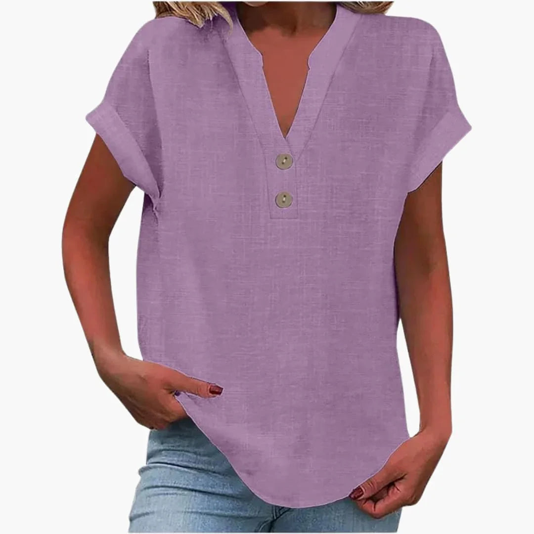 Women's Short Sleeve Shirt with V-Neck and Loose Fit