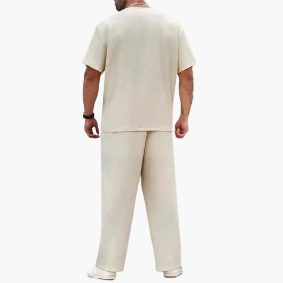 Men's Summer Two-Piece Set with V-Neck and Long Pants