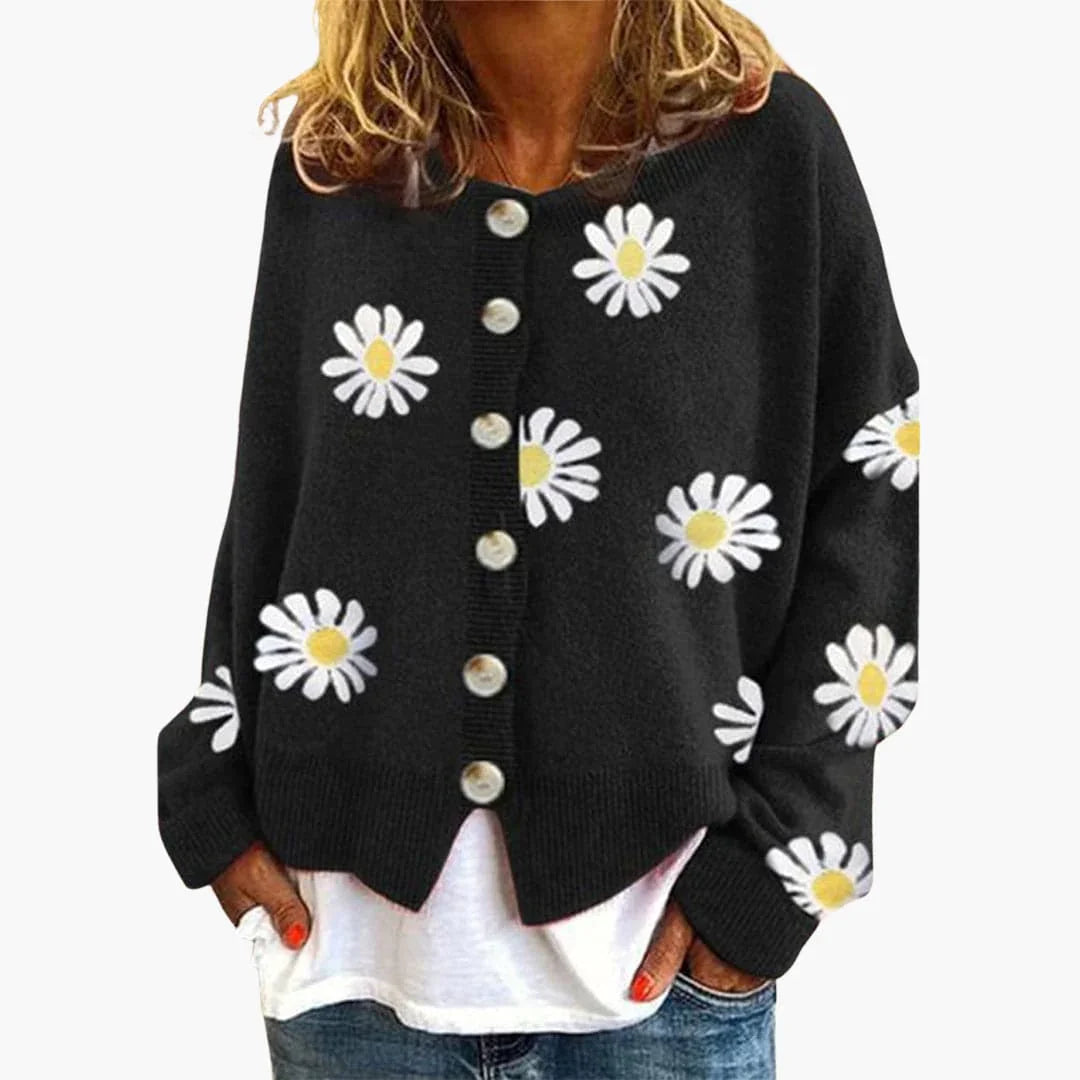 Women's Knitted Cardigan with Button Closure and Floral Pattern