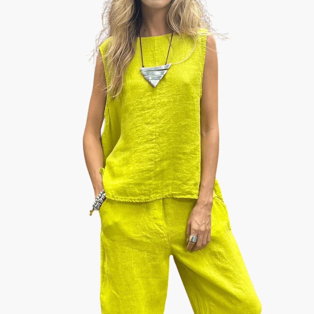 Casual Linen Two-Piece Set for Women - Top & Pants