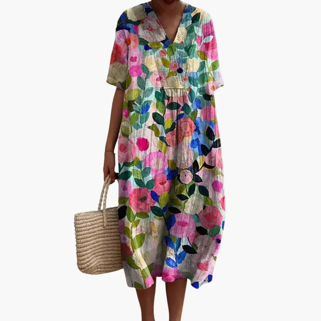 Women's Midi Dress with V-Neck and Short Sleeves
