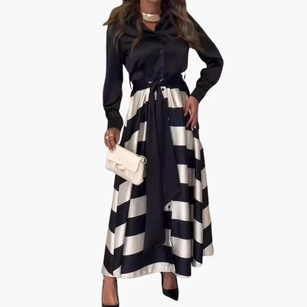 Striped Maxi Dress for Women - with Shirt Collar and Belt