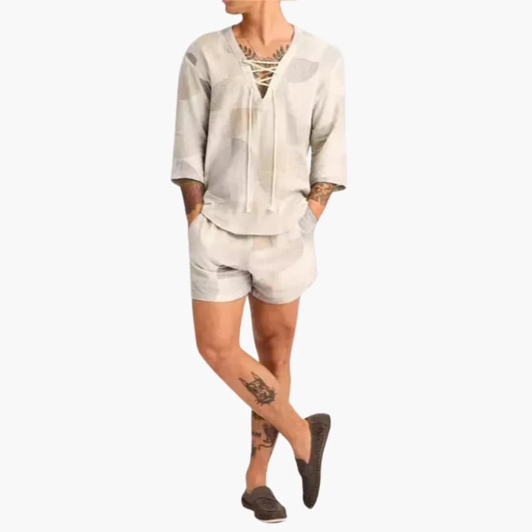 Men's Summer Set with Lace Neckline and Shorts