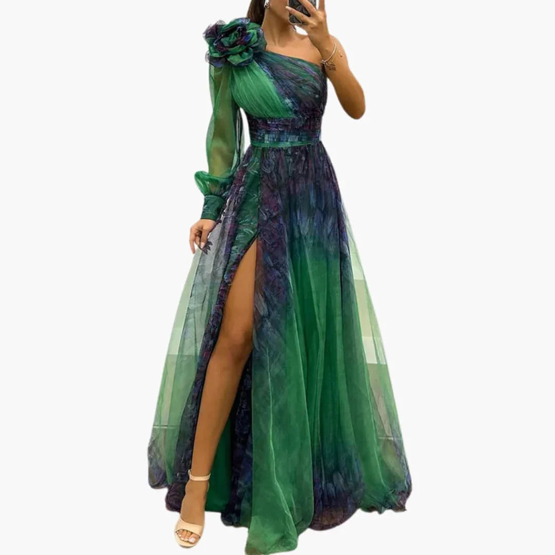 Bavane | One-Shoulder Maxi Dress with Mesh Print - Women's Evening Wear