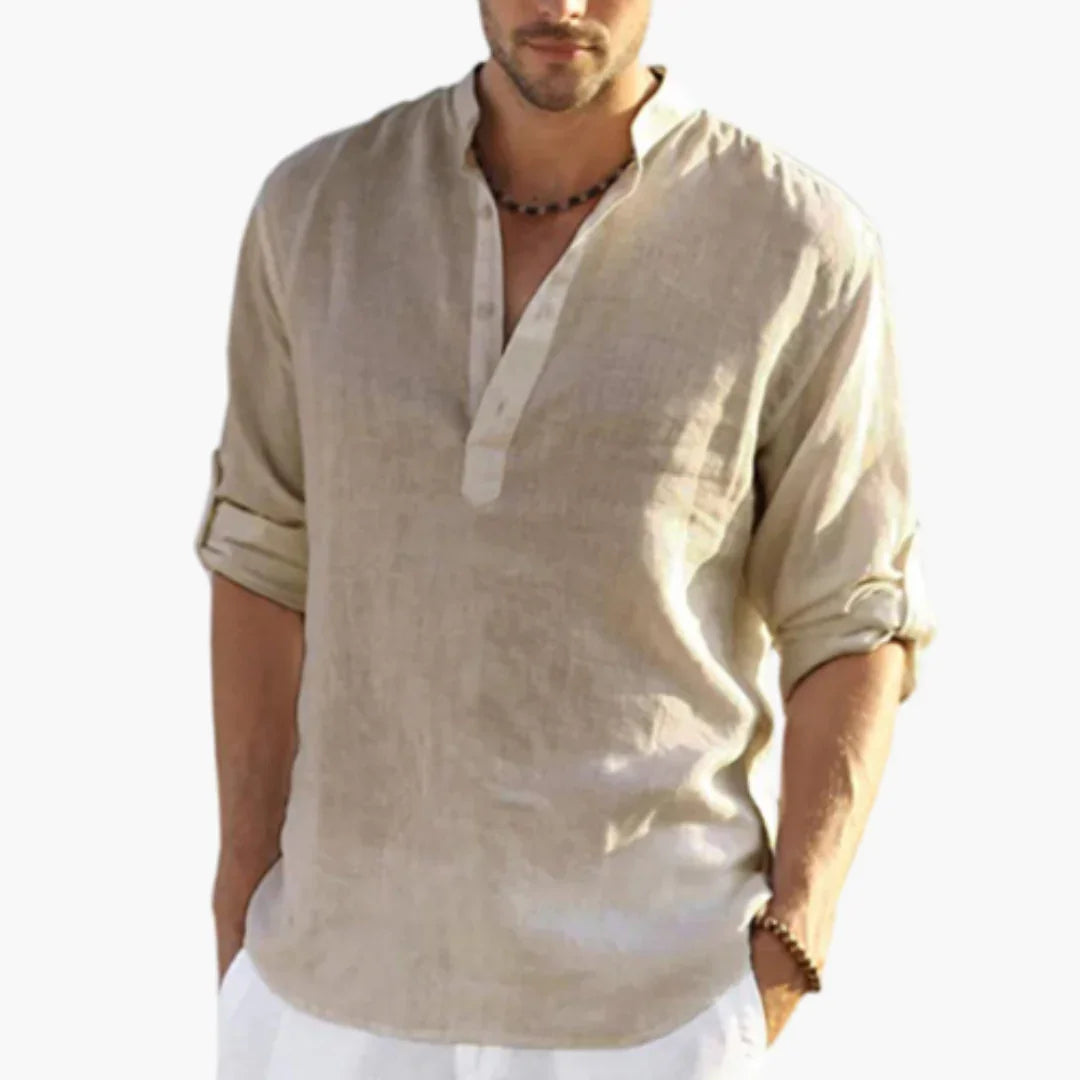 Stand Collar Linen Shirt with Button Placket for Men