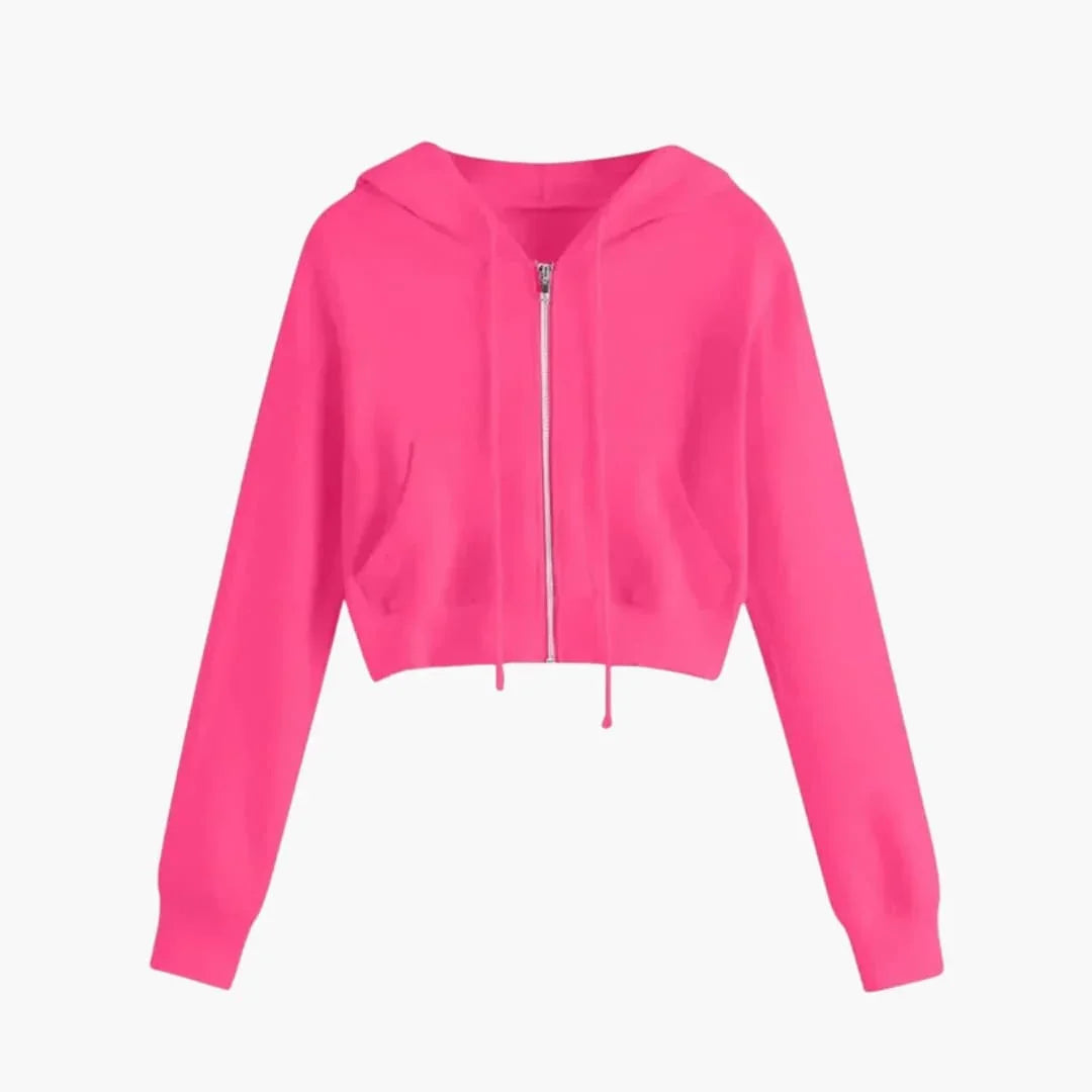 Women's Cropped Hooded Jacket with Zipper and Drawstring