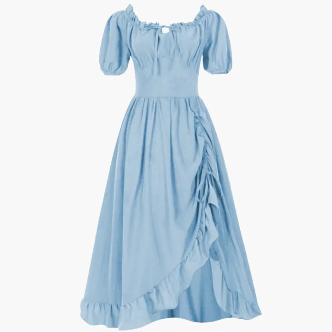 Womens Midi Dress with Puff Sleeves and Ruffled Hem