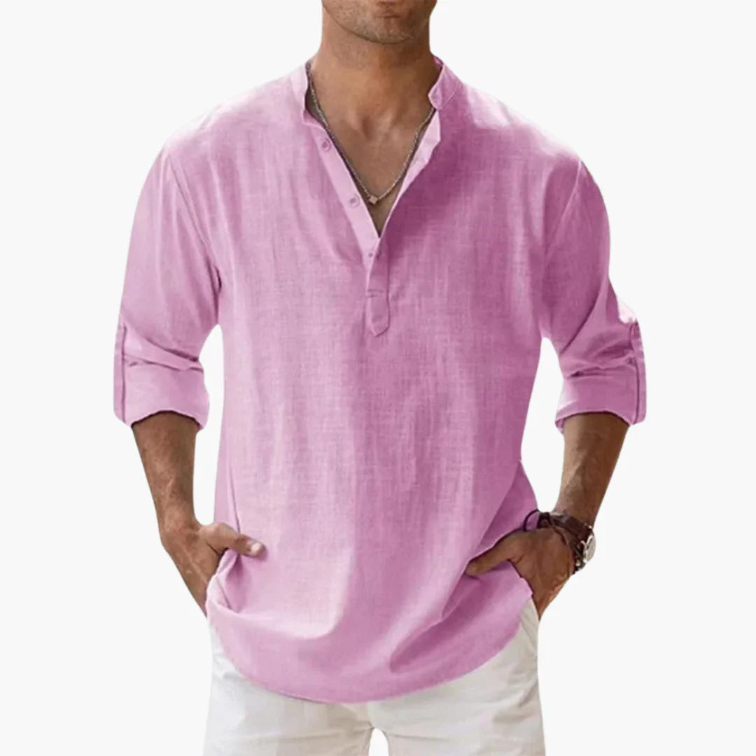 Casual Men's Linen Shirt  Long Sleeve, Henley Style