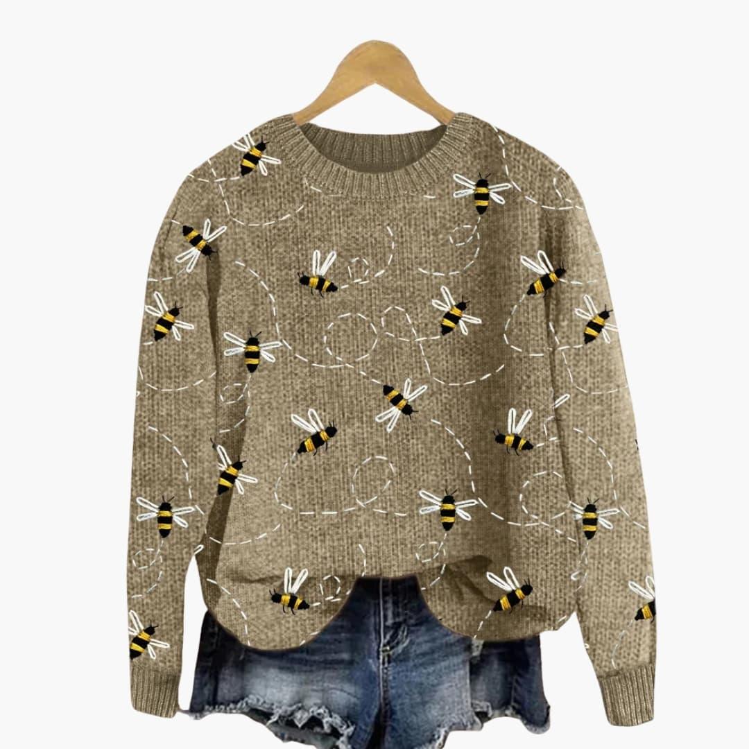 Women's Sweater with Bee Pattern and Long Sleeves