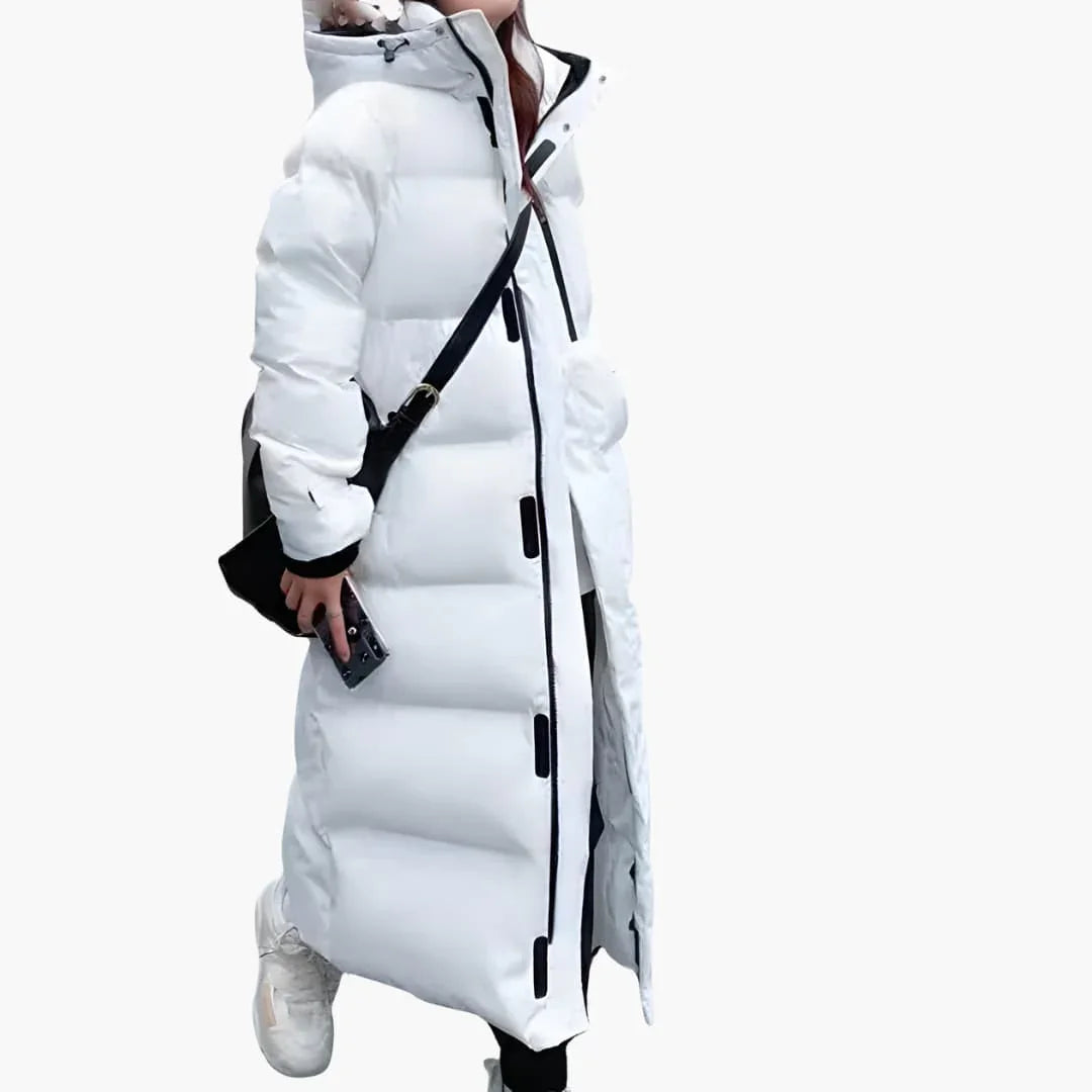 Women's Long Down Coat with Hood and Concealed Closure