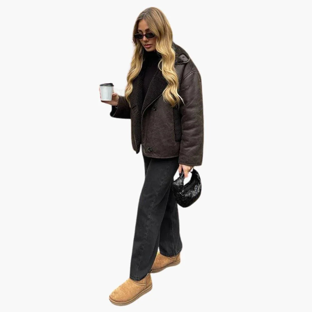 Elegant Women's Leather Jacket in Brown  Warm and Long-Sleeved