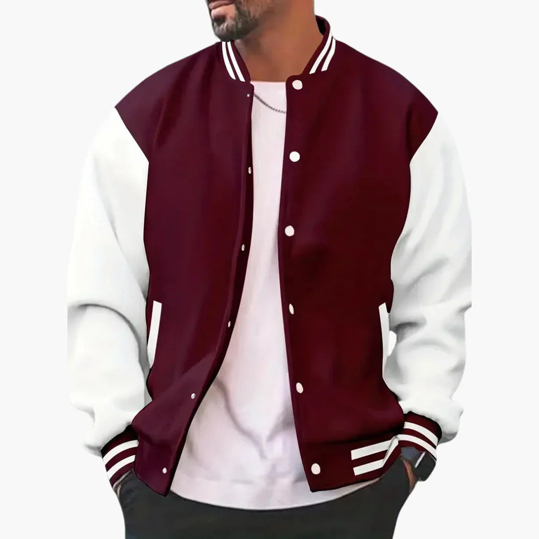 Men's Varsity Bomber Jacket with Snap Buttons and Ribbed Trim