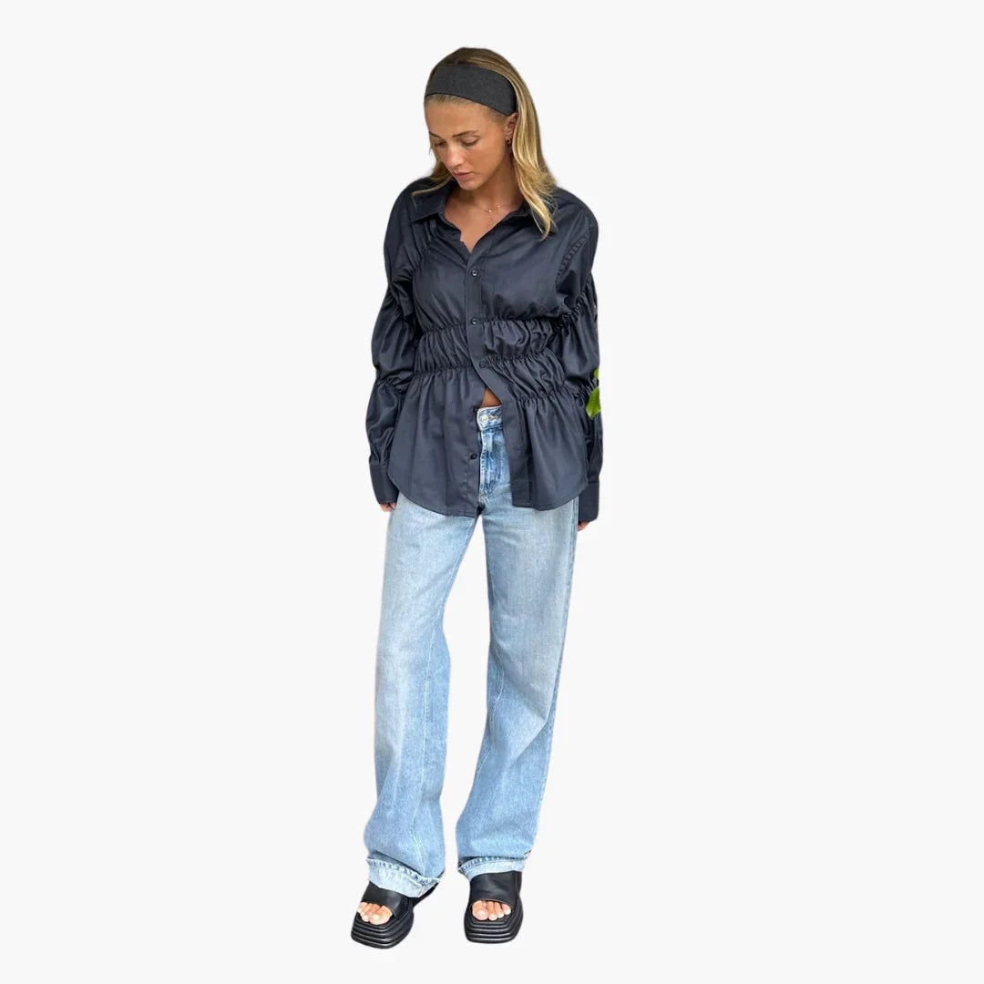 Dark Women's Blouse with Ruffles - Elegant Loose Blouse