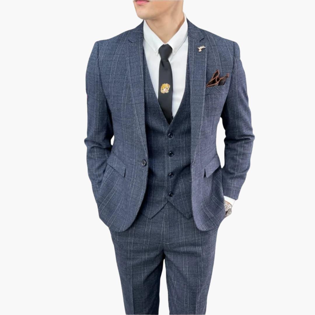 Men's Three-Piece Suit with Check Pattern for All Seasons