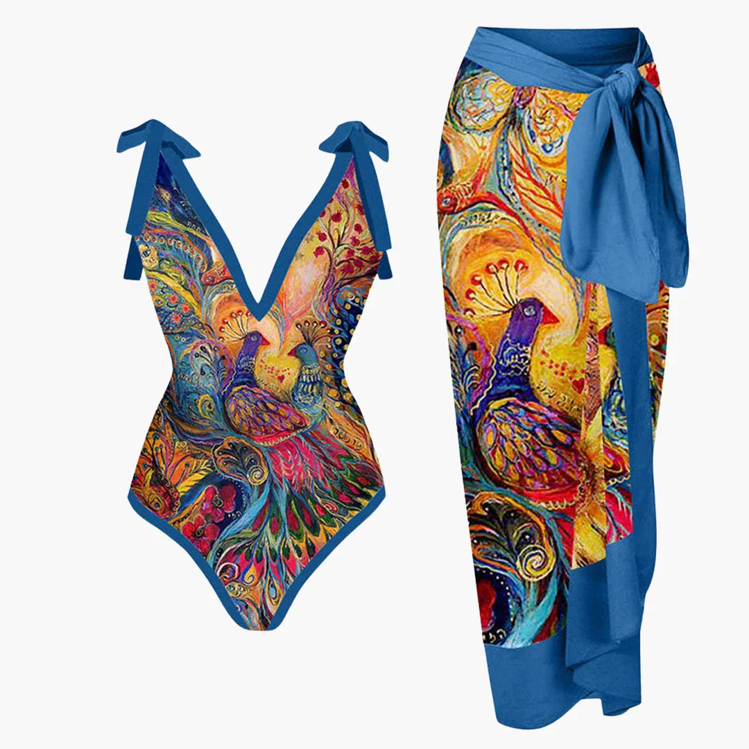Women's Swimsuit Set - with Floral Pattern and Pareo Cover-up