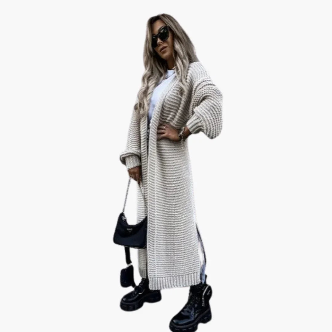 Women's Long Cardigan with Open Front and Ribbed Cuffs