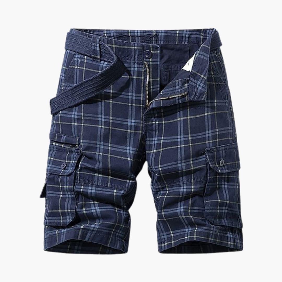 Men's Cargo Shorts with Check Pattern and Fabric Belt