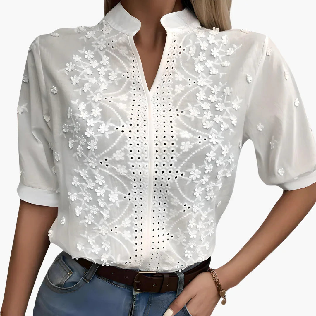Women's Blouse with Short Sleeves and Embroidered Front