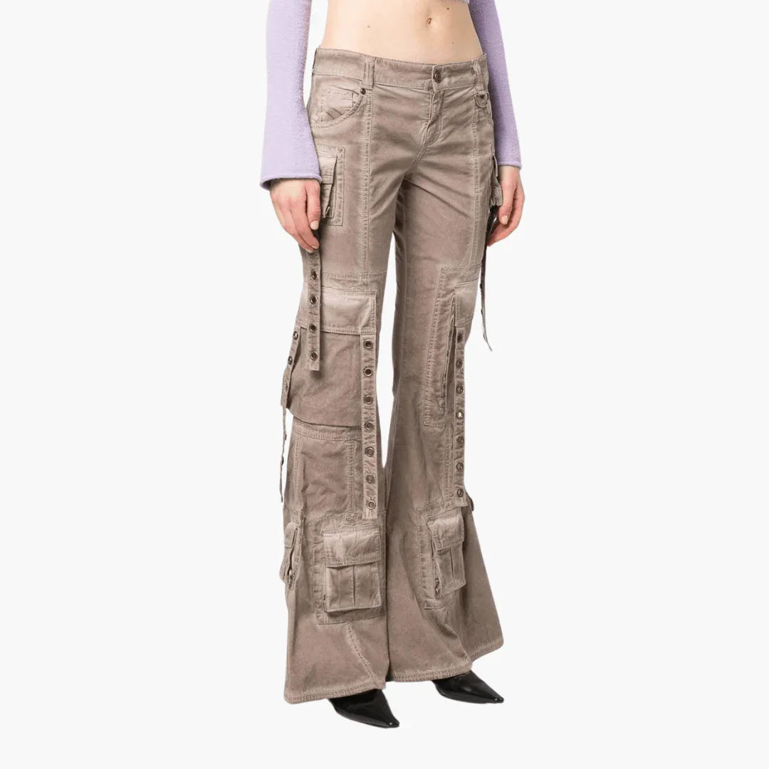 Cargo Pants for Women with Lacing  Beige Flared Pants